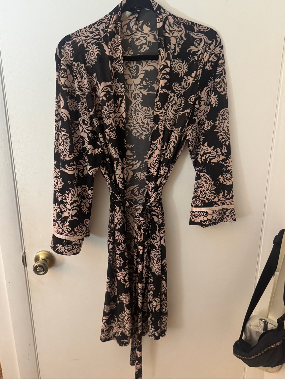 Black and Blush Floral Satin Robe with Tie Waist
